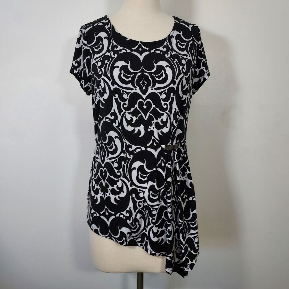 INC International Concepts Shirt Top Womens Large Asymmetrical Hem Black White - Picture 2 of 12
